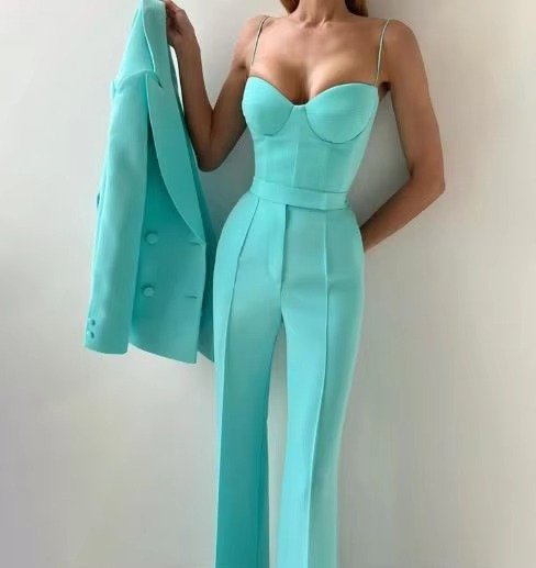Women's Three-Piece Single-Button Blazer Set with Sweetheart Corset Top