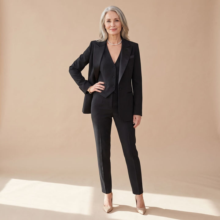 Women's Three-Piece Woven Notch-Lapel Blazer Vest Pants Suit Set - Black
