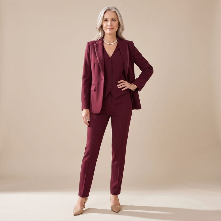 Women's Three-Piece Woven Notch-Lapel Blazer Vest Pants Suit Set - Red