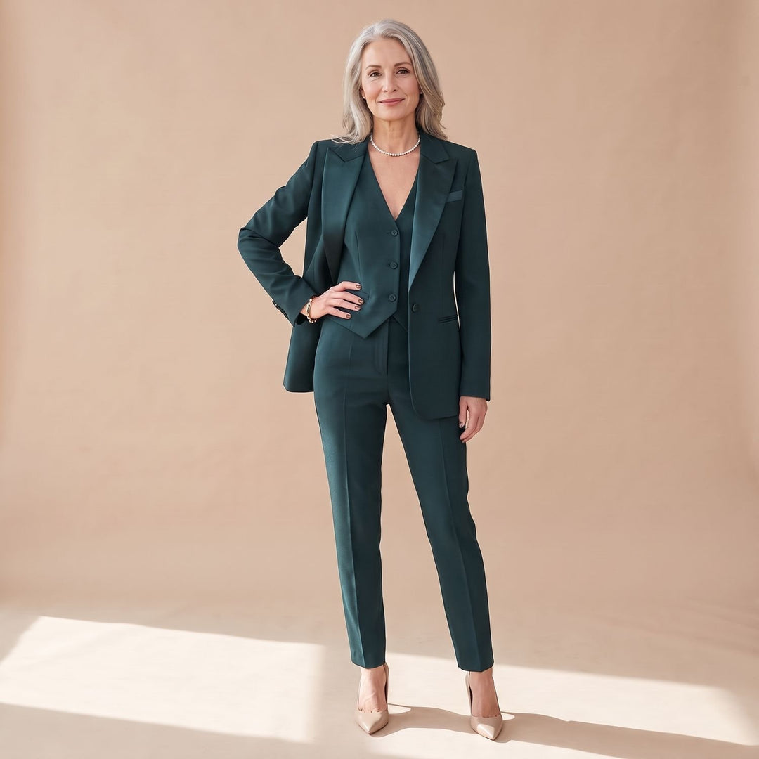 Women's Three-Piece Woven Notch-Lapel Blazer Vest Pants Suit Set - Green