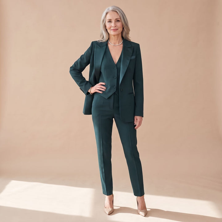 Women's Three-Piece Woven Notch-Lapel Blazer Vest Pants Suit Set - Green
