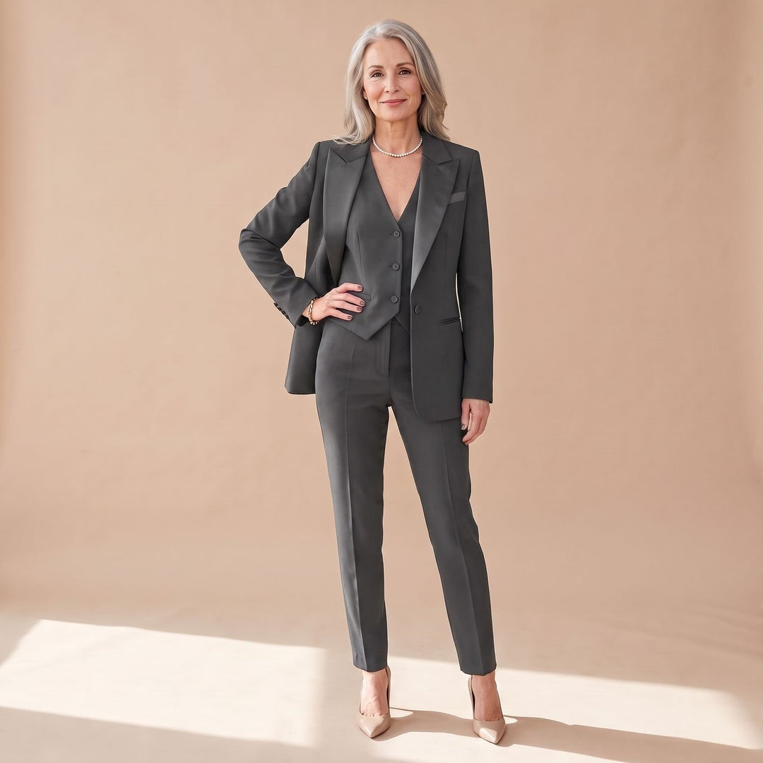 Women's Three-Piece Woven Notch-Lapel Blazer Vest Pants Suit Set - Gray