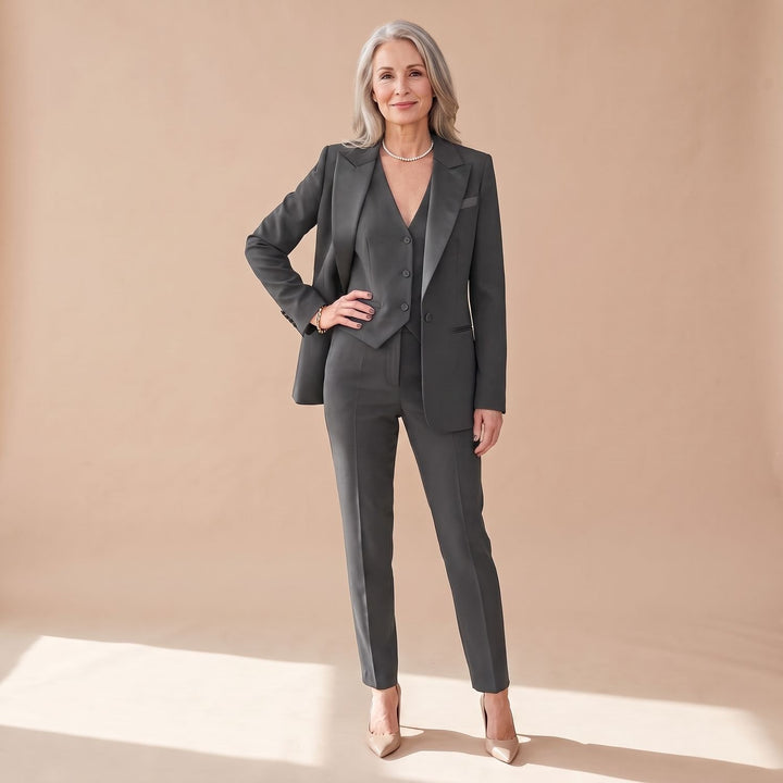Women's Three-Piece Woven Notch-Lapel Blazer Vest Pants Suit Set - Gray