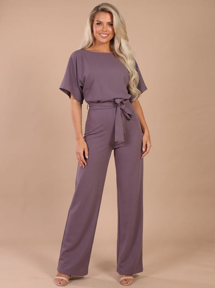 Women's Tie-Belt Wide-Leg Short-Sleeve Jumpsuit - Purple
