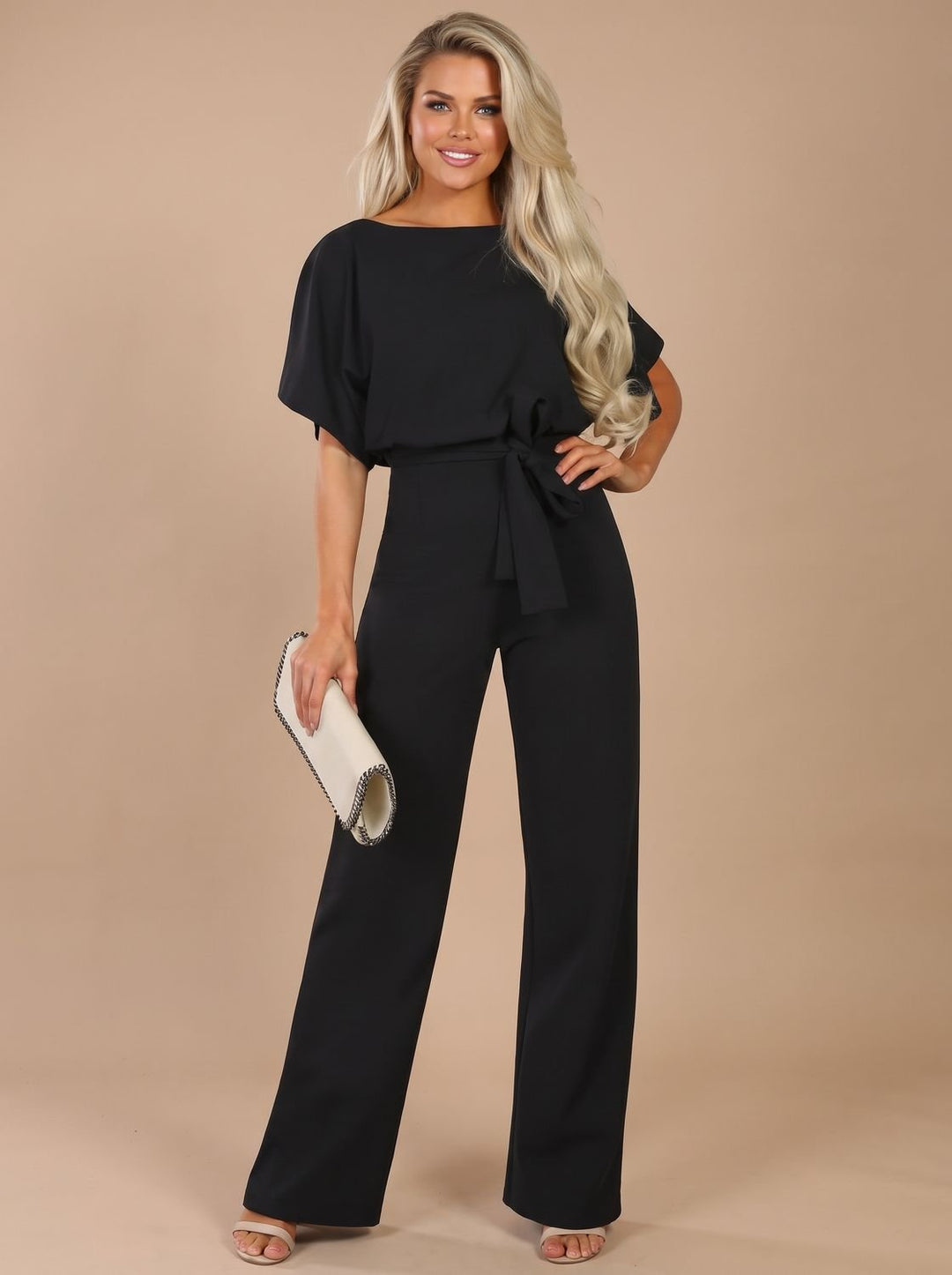 Women's Tie-Belt Wide-Leg Short-Sleeve Jumpsuit - Black