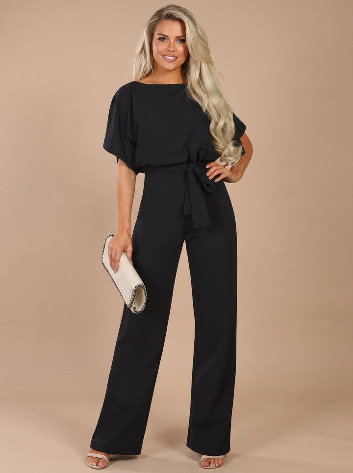 Women's Tie-Belt Wide-Leg Short-Sleeve Jumpsuit - Black