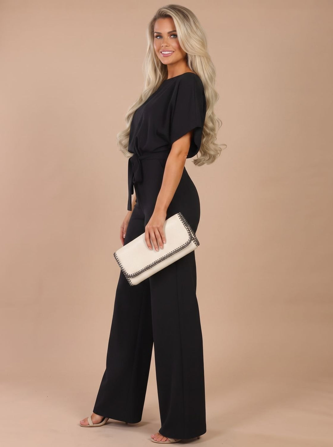 Women's Tie-Belt Wide-Leg Short-Sleeve Jumpsuit