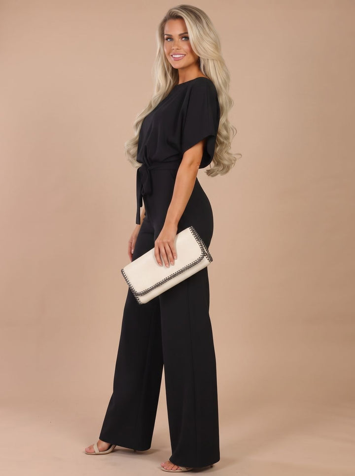 Women's Tie-Belt Wide-Leg Short-Sleeve Jumpsuit