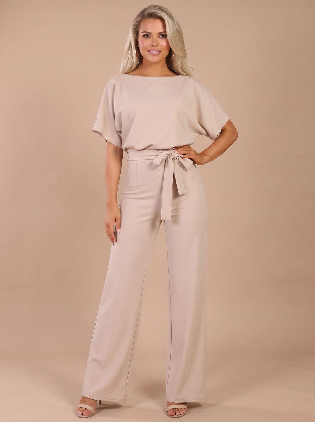 Women's Tie-Belt Wide-Leg Short-Sleeve Jumpsuit - Apricot