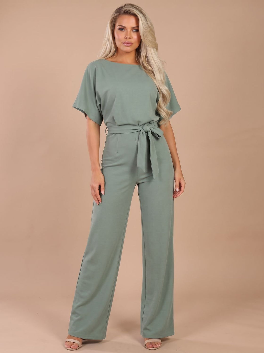 Women's Tie-Belt Wide-Leg Short-Sleeve Jumpsuit - Green