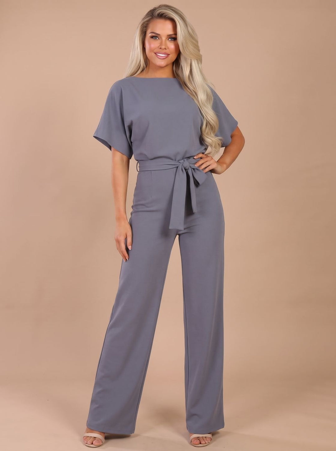 Women's Tie-Belt Wide-Leg Short-Sleeve Jumpsuit - Grey