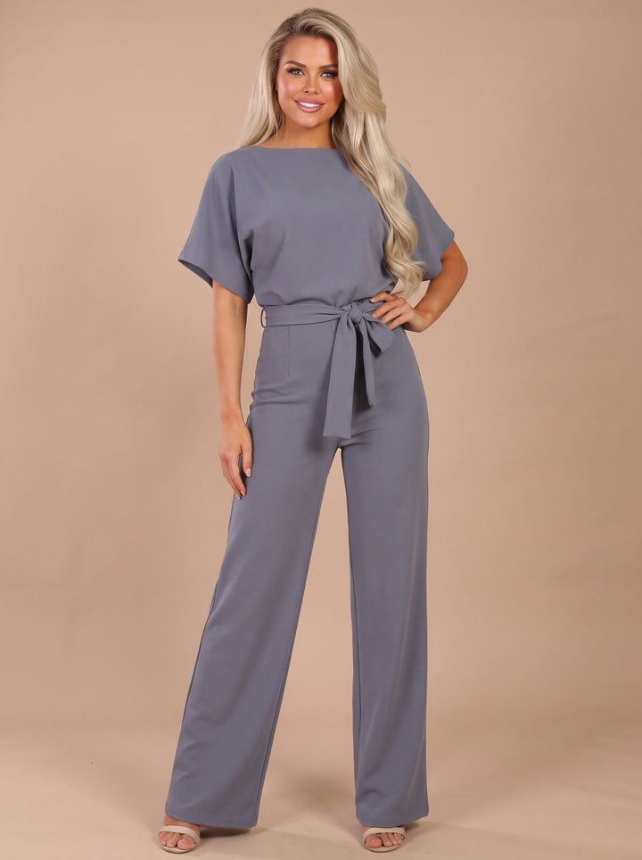 Women's Tie-Belt Wide-Leg Short-Sleeve Jumpsuit - Grey
