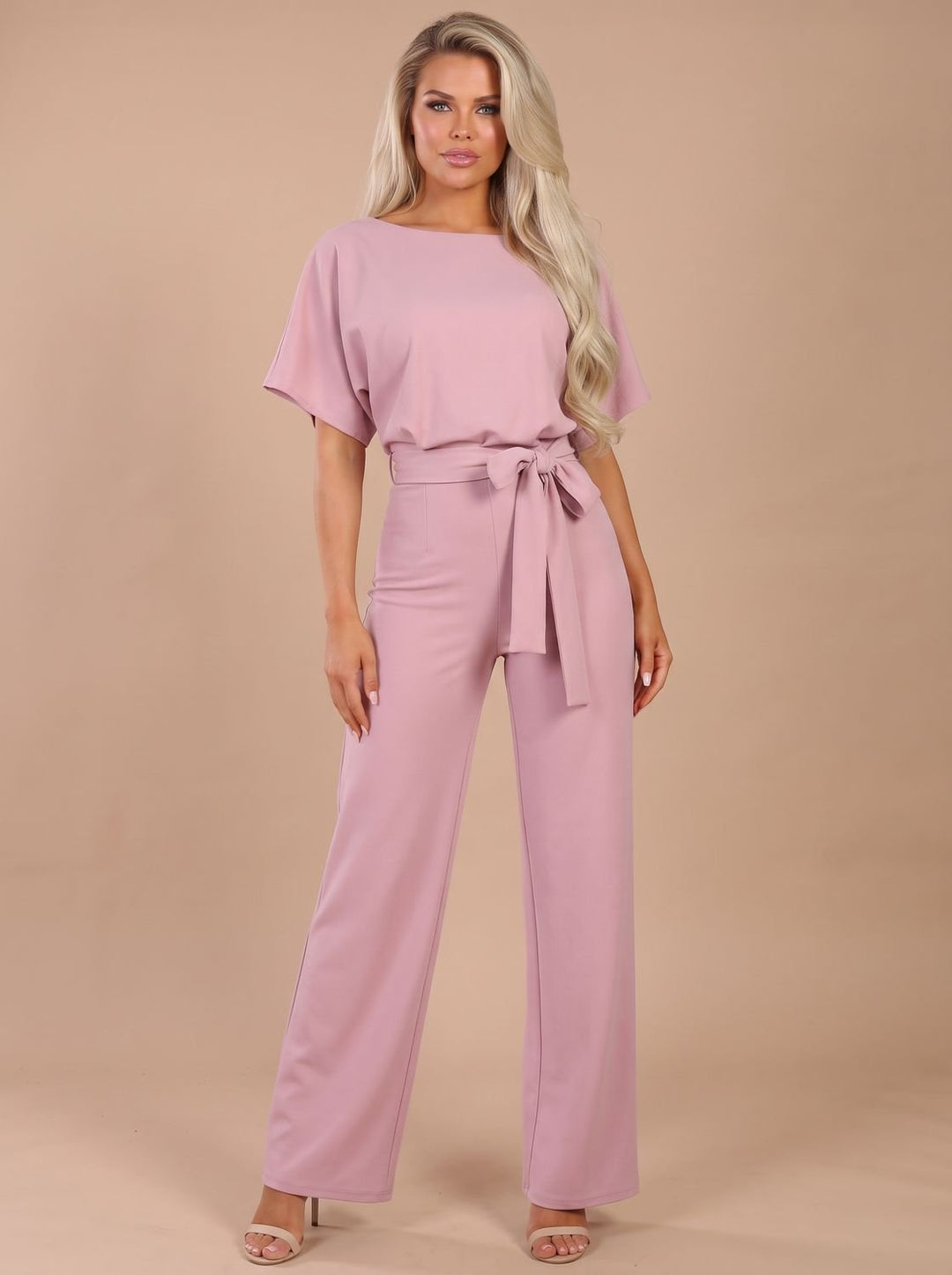Women's Tie-Belt Wide-Leg Short-Sleeve Jumpsuit - Pink