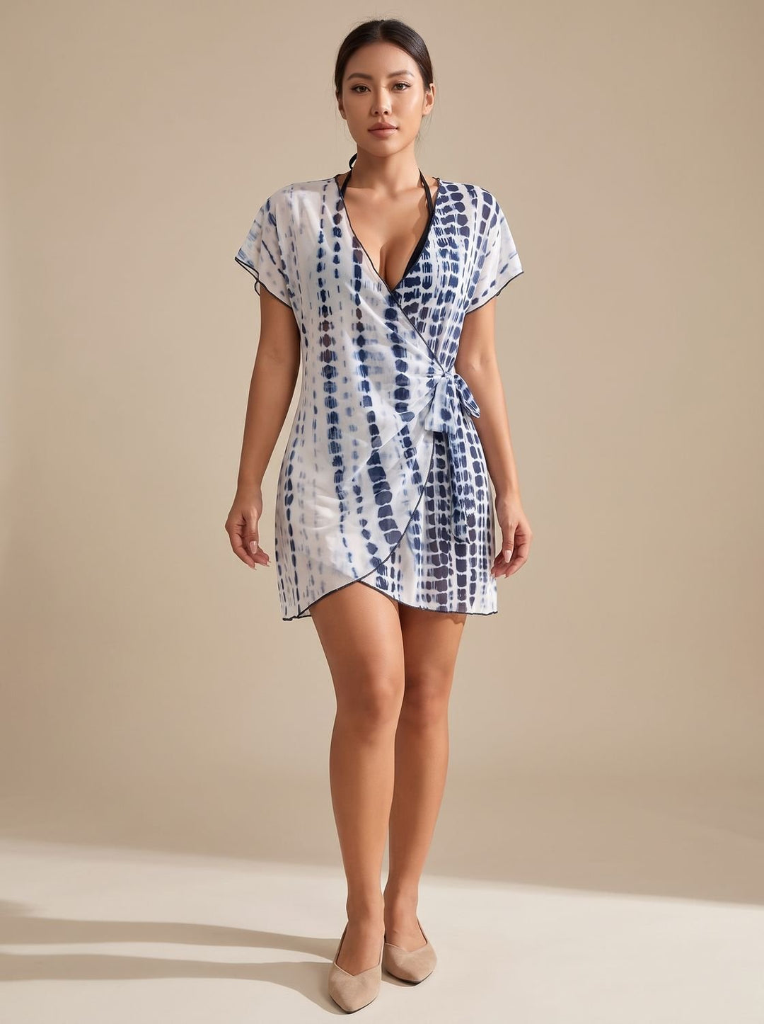 Women's Tie-Dye Wrap Cover-Up Mini Dress V-Neck Beach Swimsuit