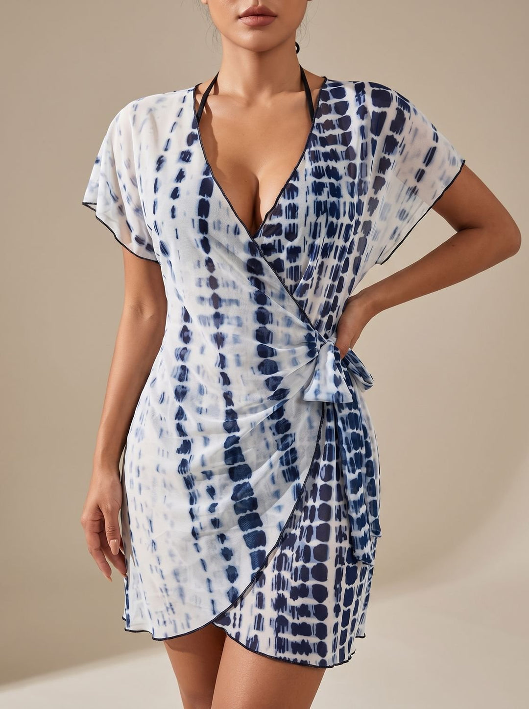 Women's Tie-Dye Wrap Cover-Up Mini Dress V-Neck Beach Swimsuit