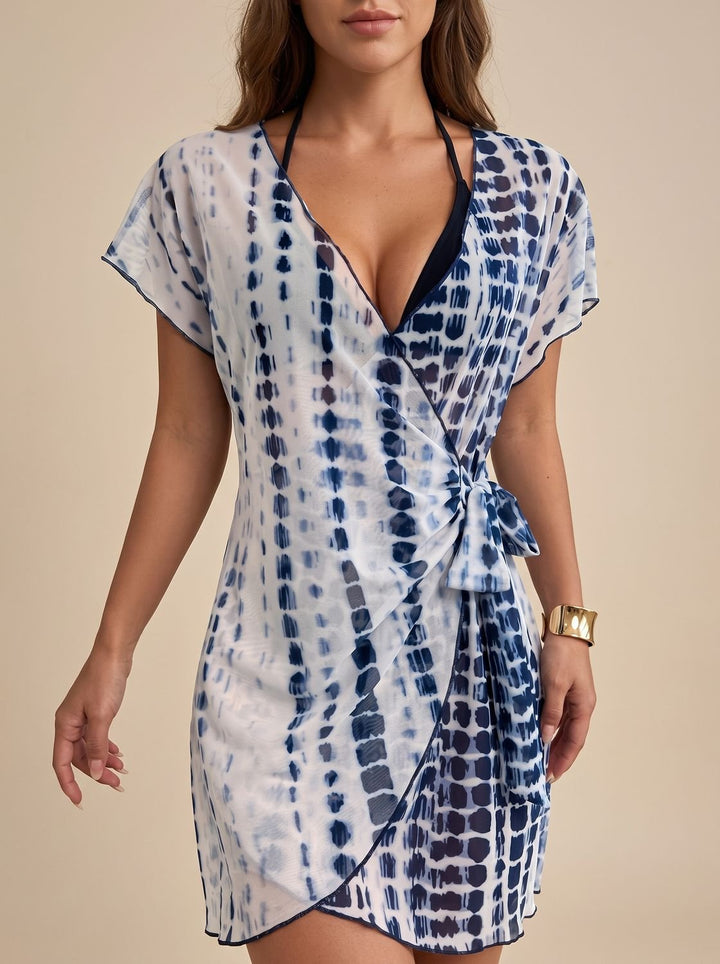 Women's Tie-Dye Wrap Cover-Up Mini Dress V-Neck Beach Swimsuit - White