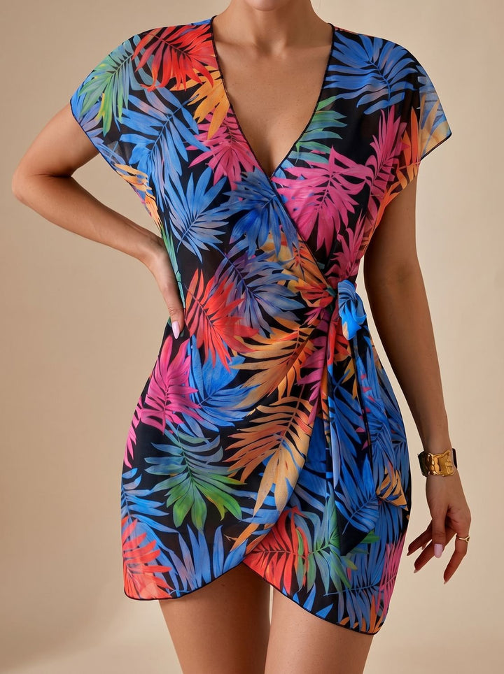 Women's Tie-Dye Wrap Cover-Up Mini Dress V-Neck Beach Swimsuit - Blue