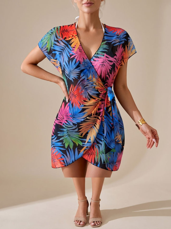 Women's Tie-Dye Wrap Cover-Up Mini Dress V-Neck Beach Swimsuit