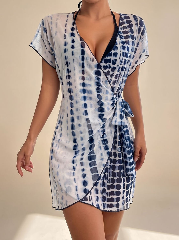 Women's Tie-Dye Wrap Cover-Up Mini Dress V-Neck Beach Swimsuit