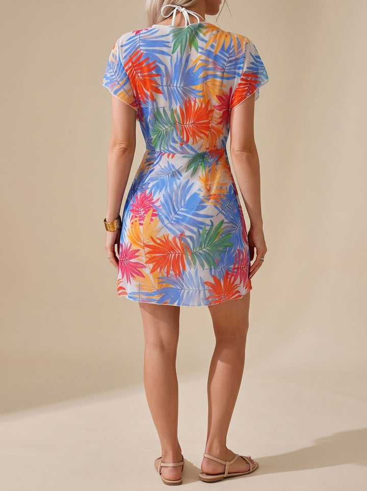 Women's Tie-Dye Wrap Cover-Up Mini Dress V-Neck Beach Swimsuit