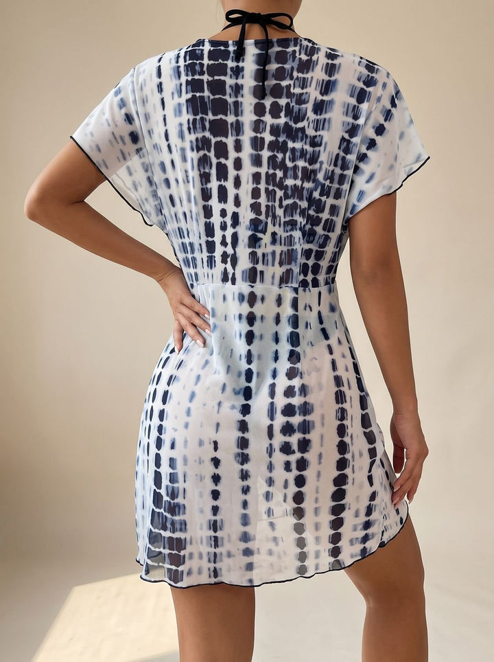 Women's Tie-Dye Wrap Cover-Up Mini Dress V-Neck Beach Swimsuit