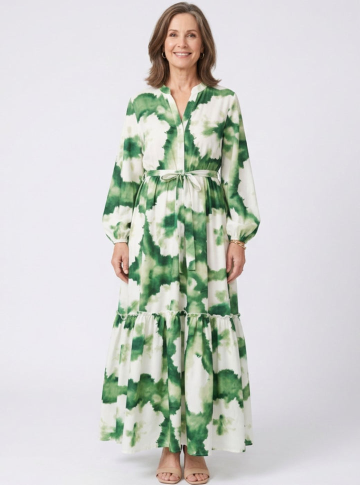 Women's Tie-Waist Tiered Maxi Long Sleeve Dress - Floral
