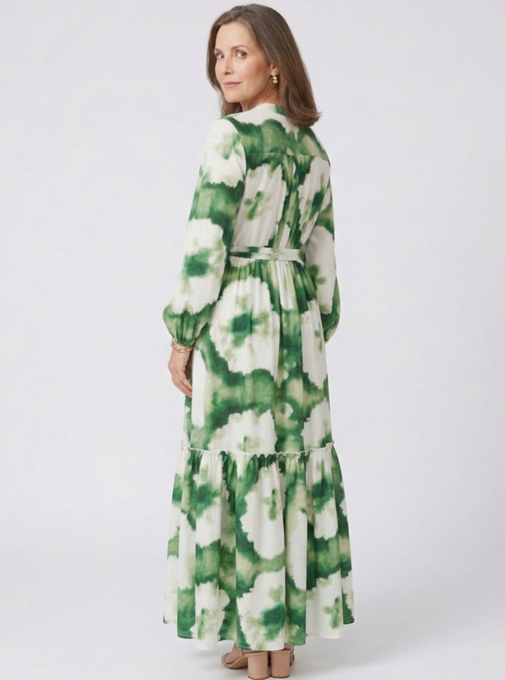 Women's Tie-Waist Tiered Maxi Long Sleeve Dress