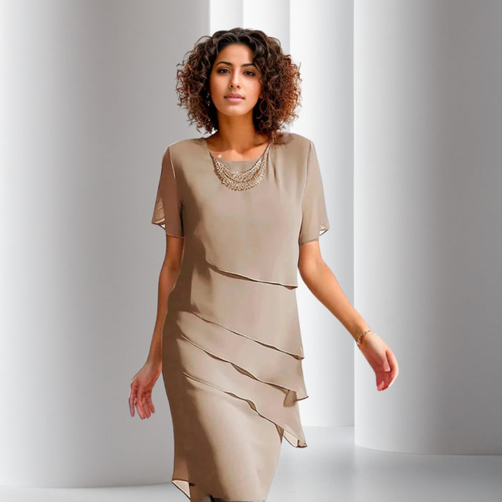 Women's Tiered Chiffon Cocktail Party Dress Short Sleeve - Khaki