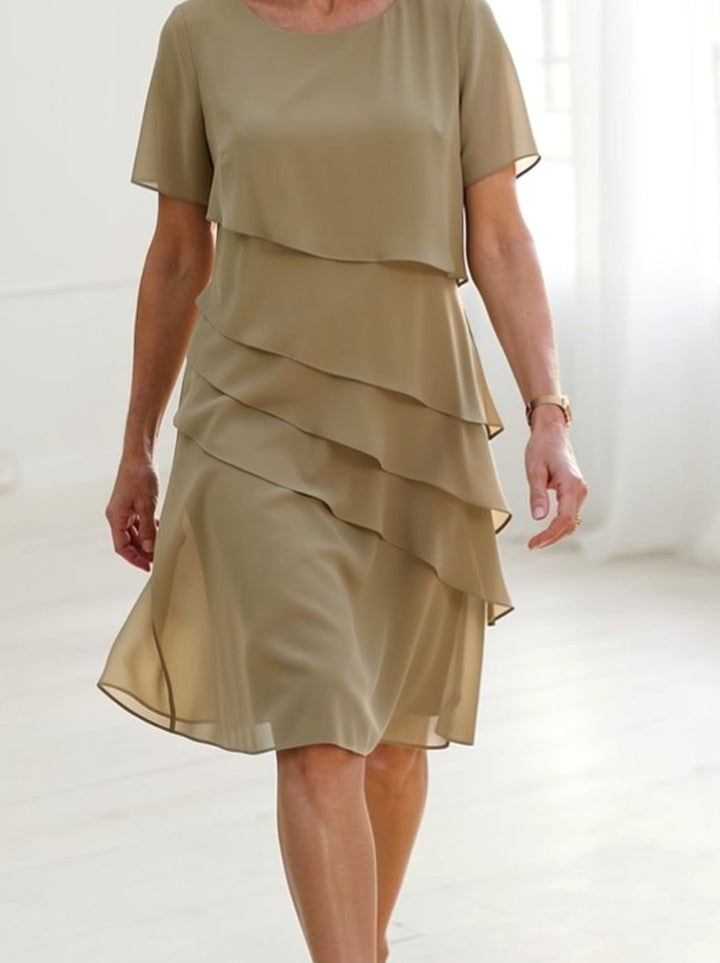 Women's Tiered Chiffon Ruffle Midi Dress Short Sleeve - Khaki