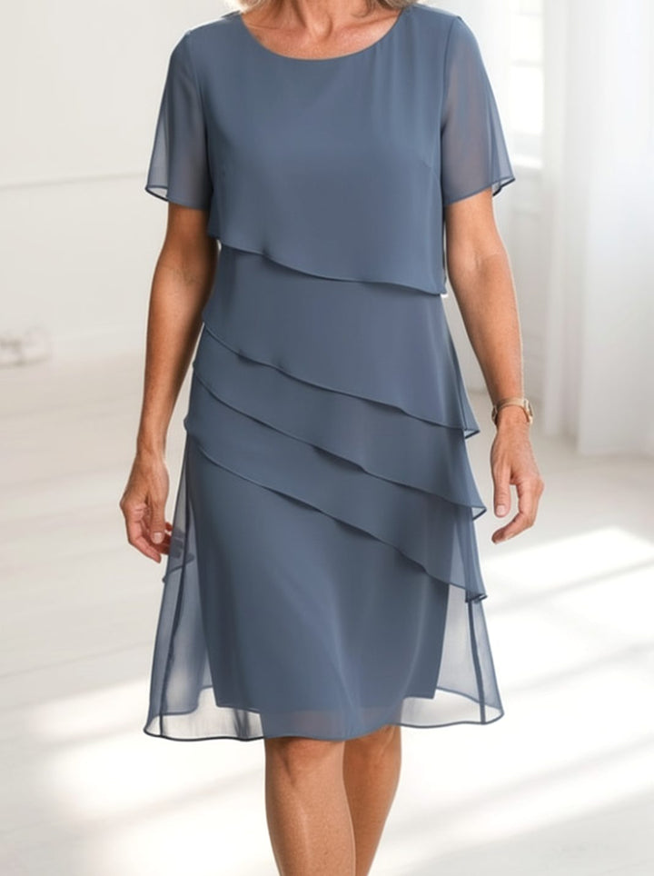 Women's Tiered Chiffon Short-Sleeve Round-Neck Midi Dress - Blue