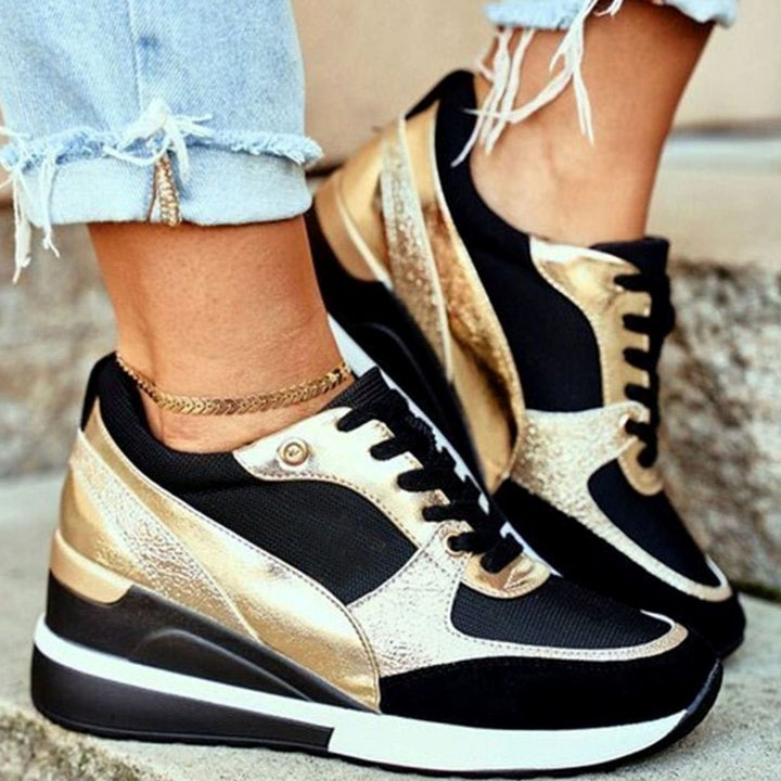 Women's Trendy Gold-Accent Wedge Platform Lace-Up Sneakers - Gold