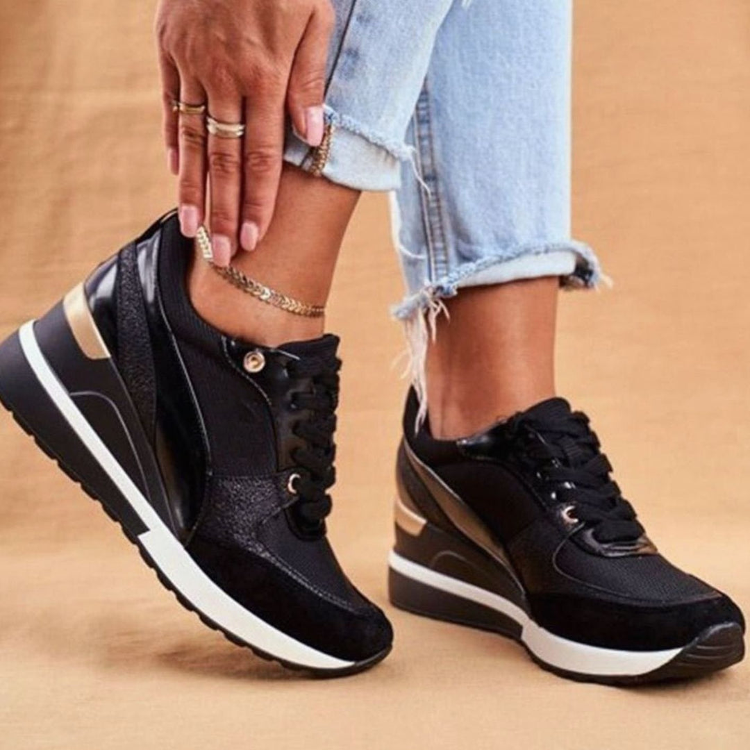 Women's Trendy Gold-Accent Wedge Platform Lace-Up Sneakers - Black