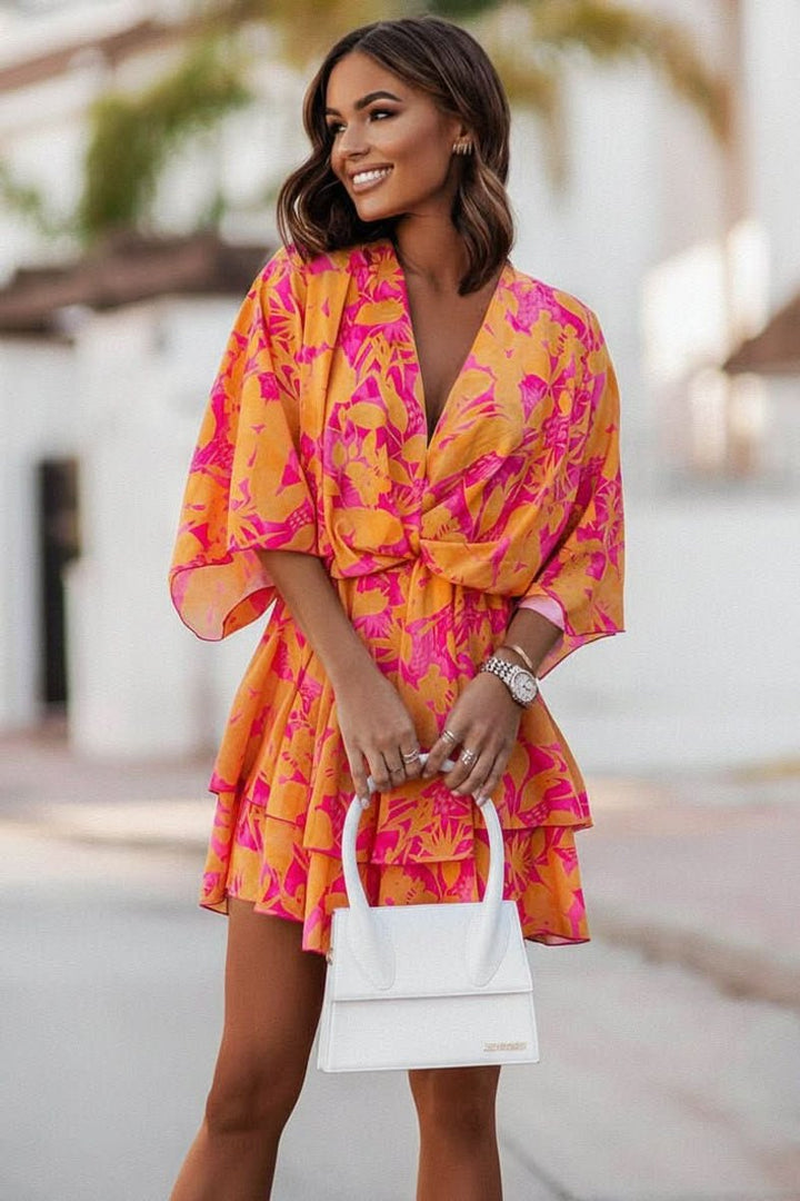 Women's Tropical Print Deep V-Neck Tiered Mini Cocktail Dress - Orange
