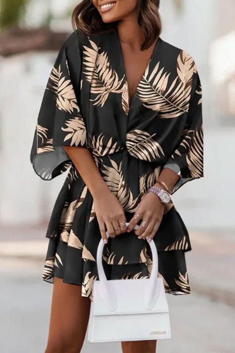 Women's Tropical Print Deep V-Neck Tiered Mini Cocktail Dress - Black