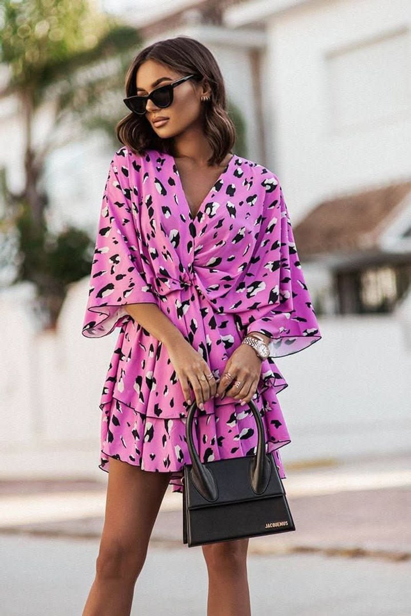 Women's Tropical Print Deep V-Neck Tiered Mini Cocktail Dress - Pink
