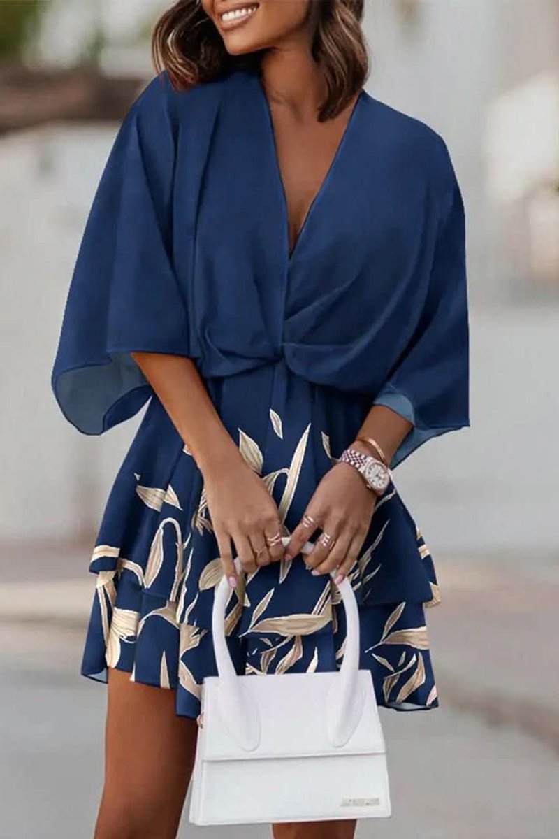 Women's Tropical Print Deep V-Neck Tiered Mini Cocktail Dress - Navy Blue