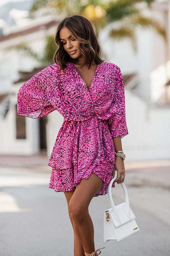 Women's Tropical Print Deep V-Neck Tiered Mini Cocktail Dress - Purple