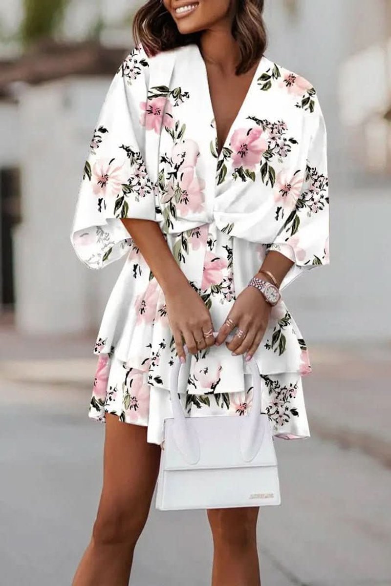 Women's Tropical Print Deep V-Neck Tiered Mini Cocktail Dress - White