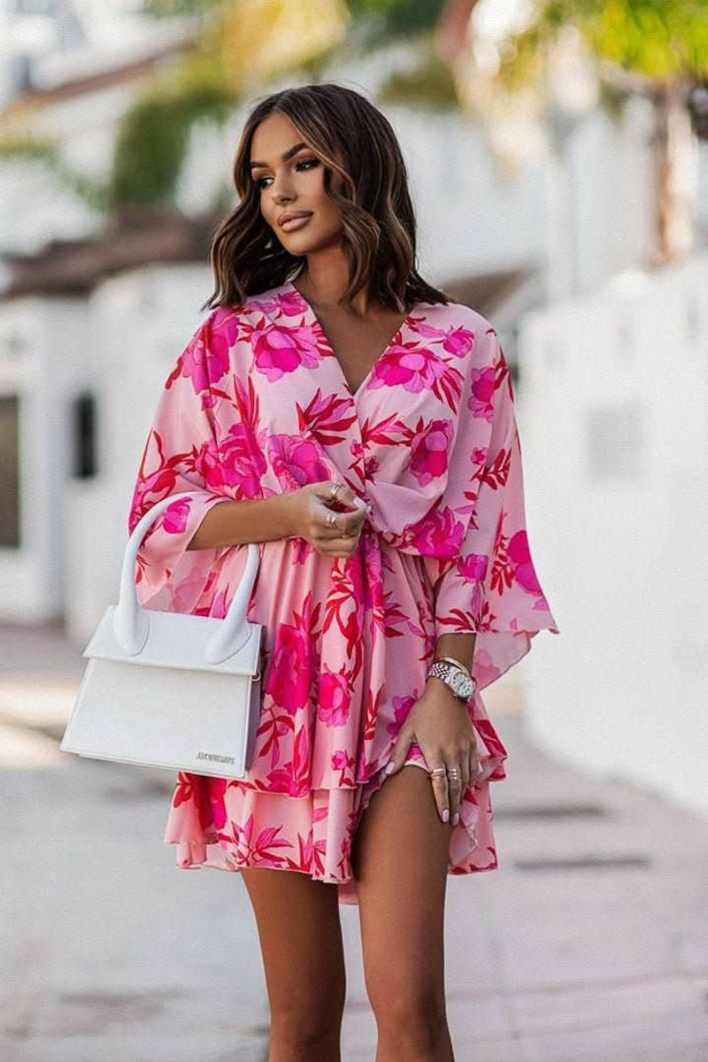 Women's Tropical Print Deep V-Neck Tiered Mini Cocktail Dress - Red