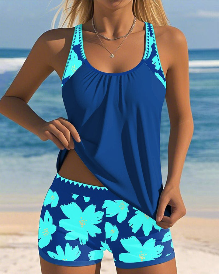 Women's Tummy-Control Ruched Racerback Floral Tankini Swimsuit Set
