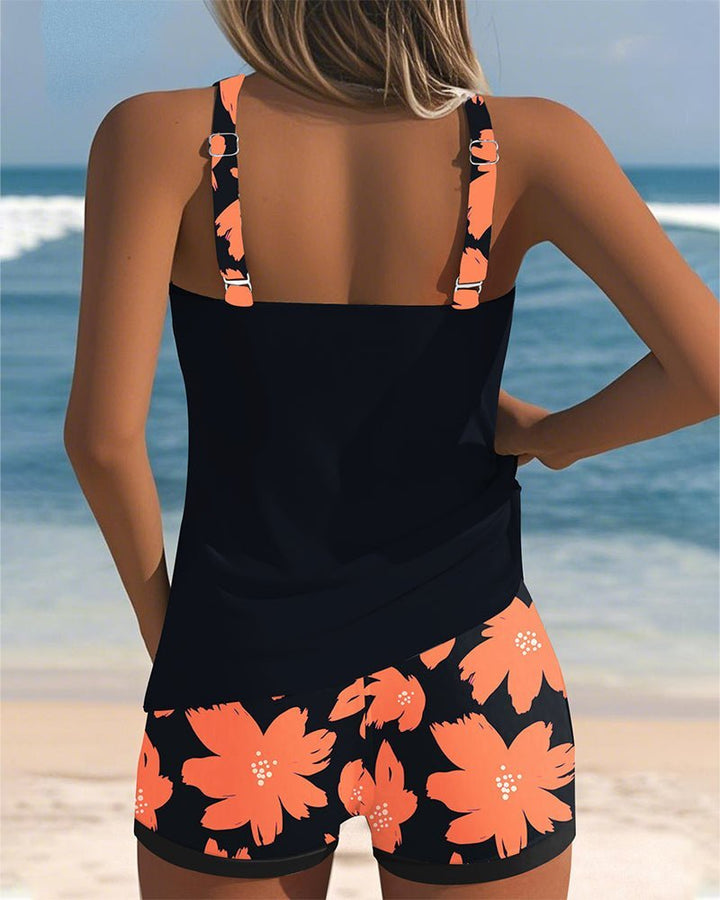 Women's Tummy-Control Ruched Racerback Floral Tankini Swimsuit Set