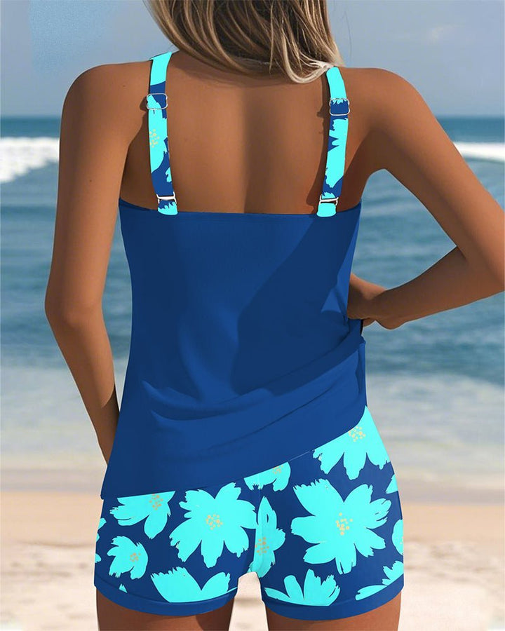 Women's Tummy-Control Ruched Racerback Floral Tankini Swimsuit Set