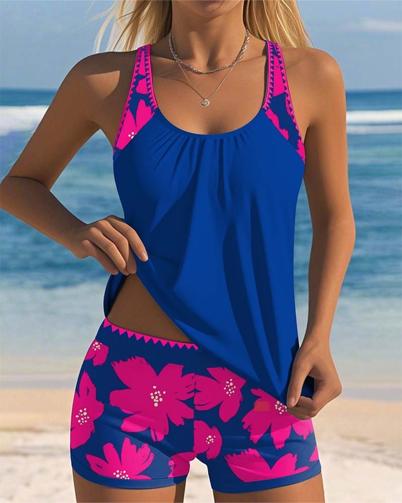 Women's Tummy-Control Ruched Racerback Floral Tankini Swimsuit Set