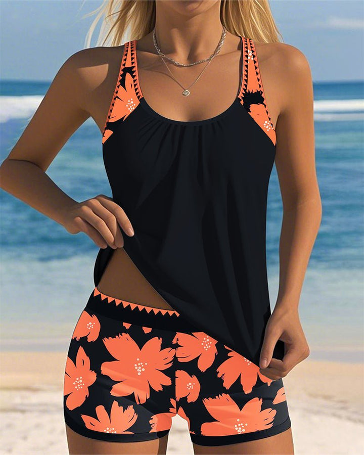 Women's Tummy-Control Ruched Racerback Floral Tankini Swimsuit Set - Orange