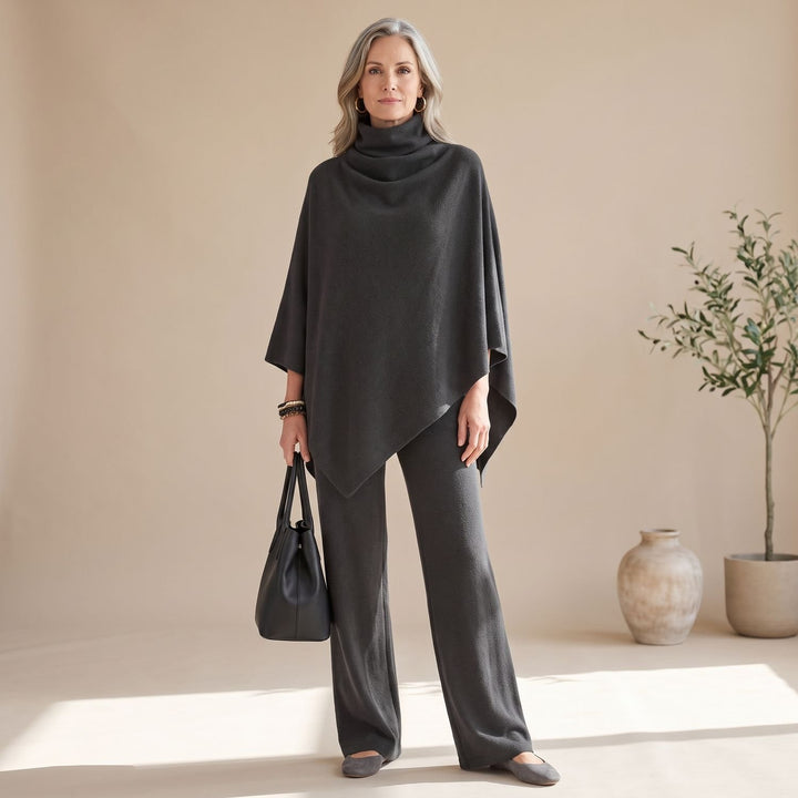 Women's Turtleneck Drape Poncho Top Wide-Leg Pants Two Piece Set - Gray