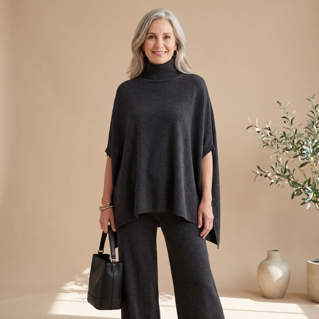 Women's Turtleneck Drape Poncho Top Wide-Leg Pants Two Piece Set