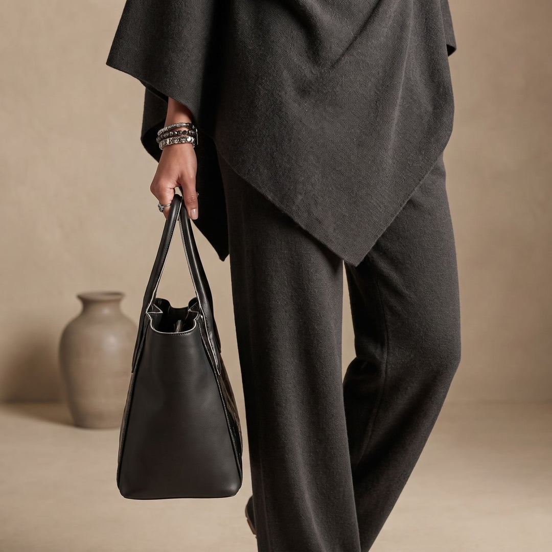 Women's Turtleneck Drape Poncho Top Wide-Leg Pants Two Piece Set