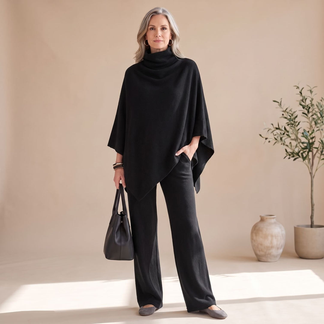 Women's Turtleneck Drape Poncho Top Wide-Leg Pants Two Piece Set - Black