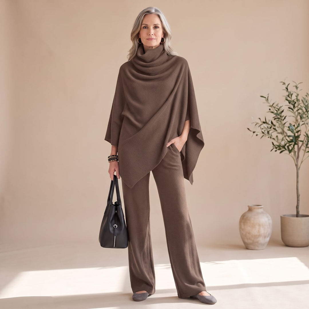 Women's Turtleneck Drape Poncho Top Wide-Leg Pants Two Piece Set - Brown