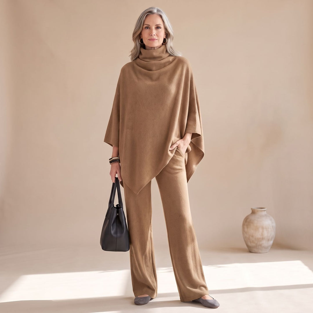 Women's Turtleneck Drape Poncho Top Wide-Leg Pants Two Piece Set - Khaki